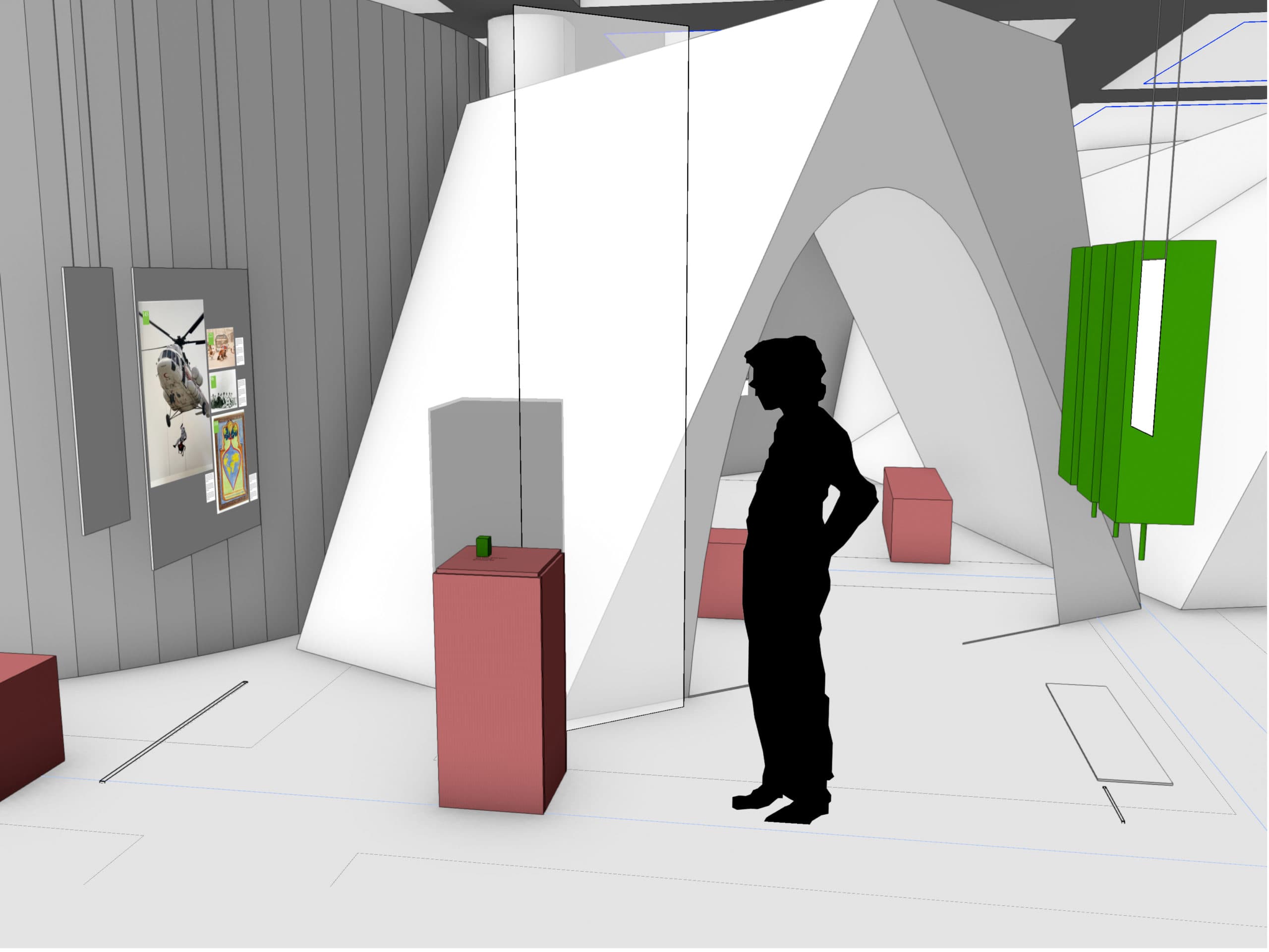 Modèle en 3D d'une salle d'exposition. Une silhouette noire regarde un objet dans une vitrine. Des panneaux sont suspendus au plafond et une tente est visible en arrière-plan.
