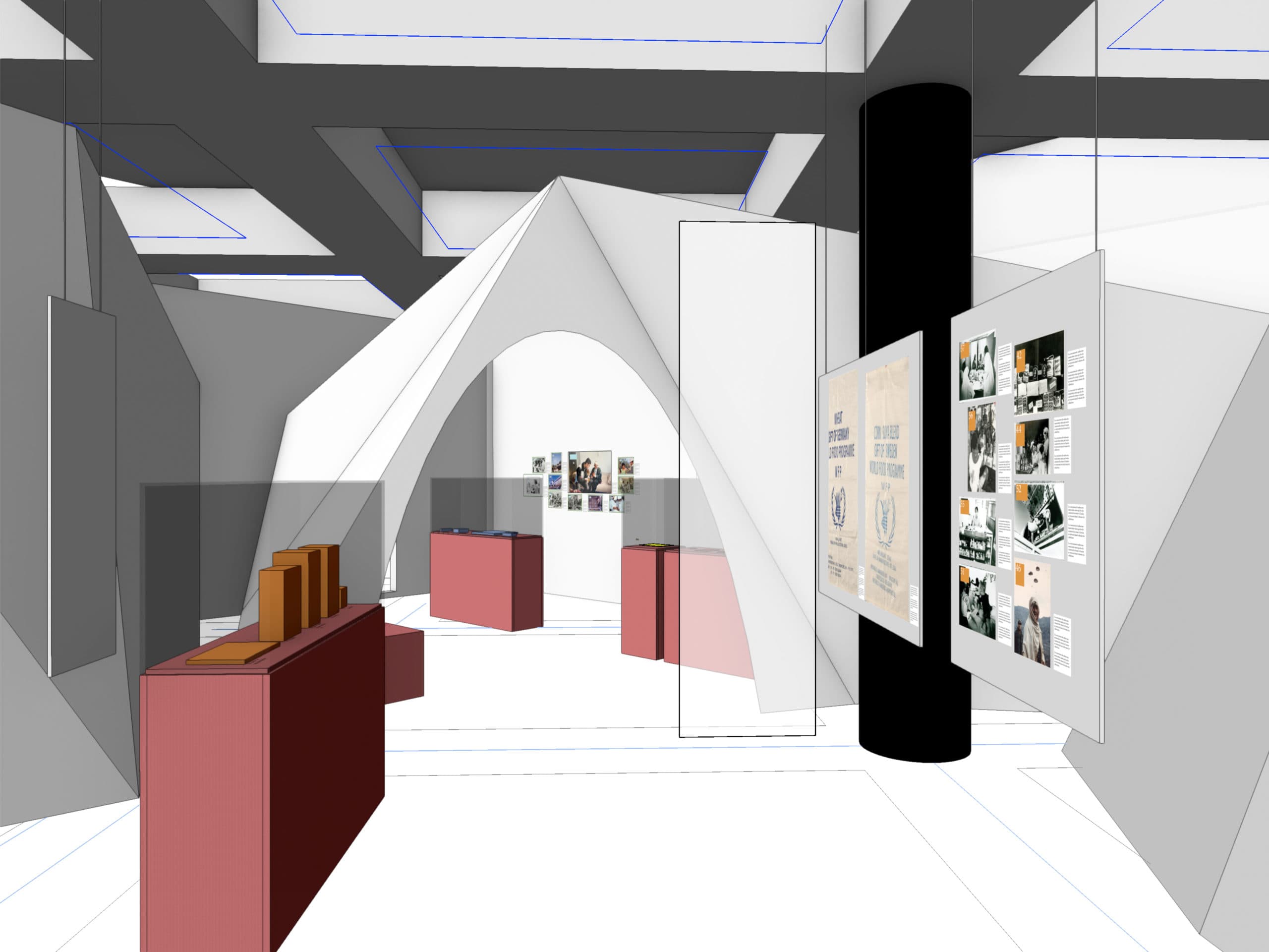 Vue d'ensemble d'une maquette 3D de salle d'exposition. Au premier plan, un présentoir rouge sombre avec des objets bruns. Des panneaux d'exposition avec photos et textes sont fixés sur des murs et des colonnes.
