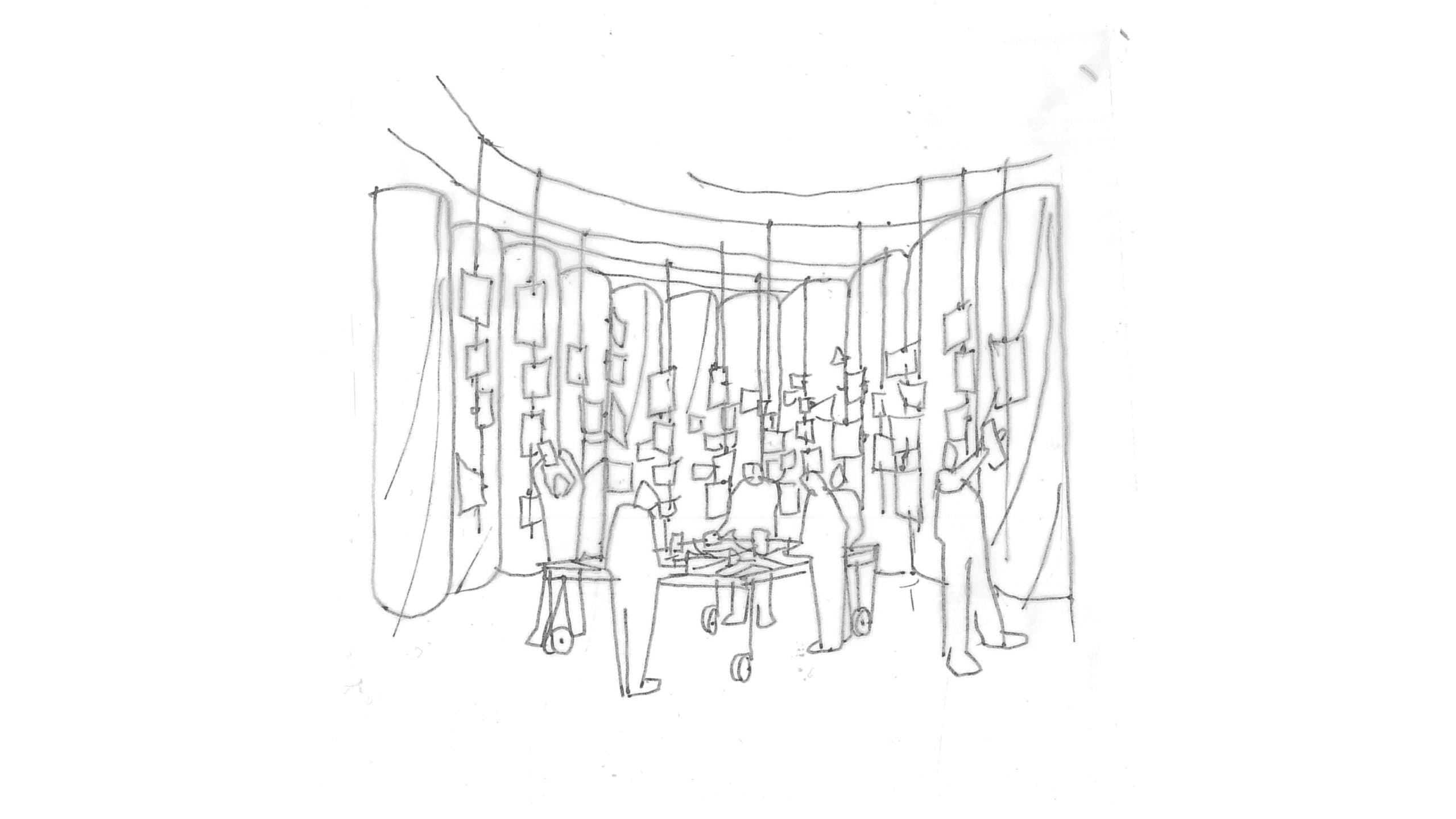 Croquis de personnes dans un espace circulaire, regardant une table au centre de l'espace. Des cartes pendent du plafond suspendues par des fils.