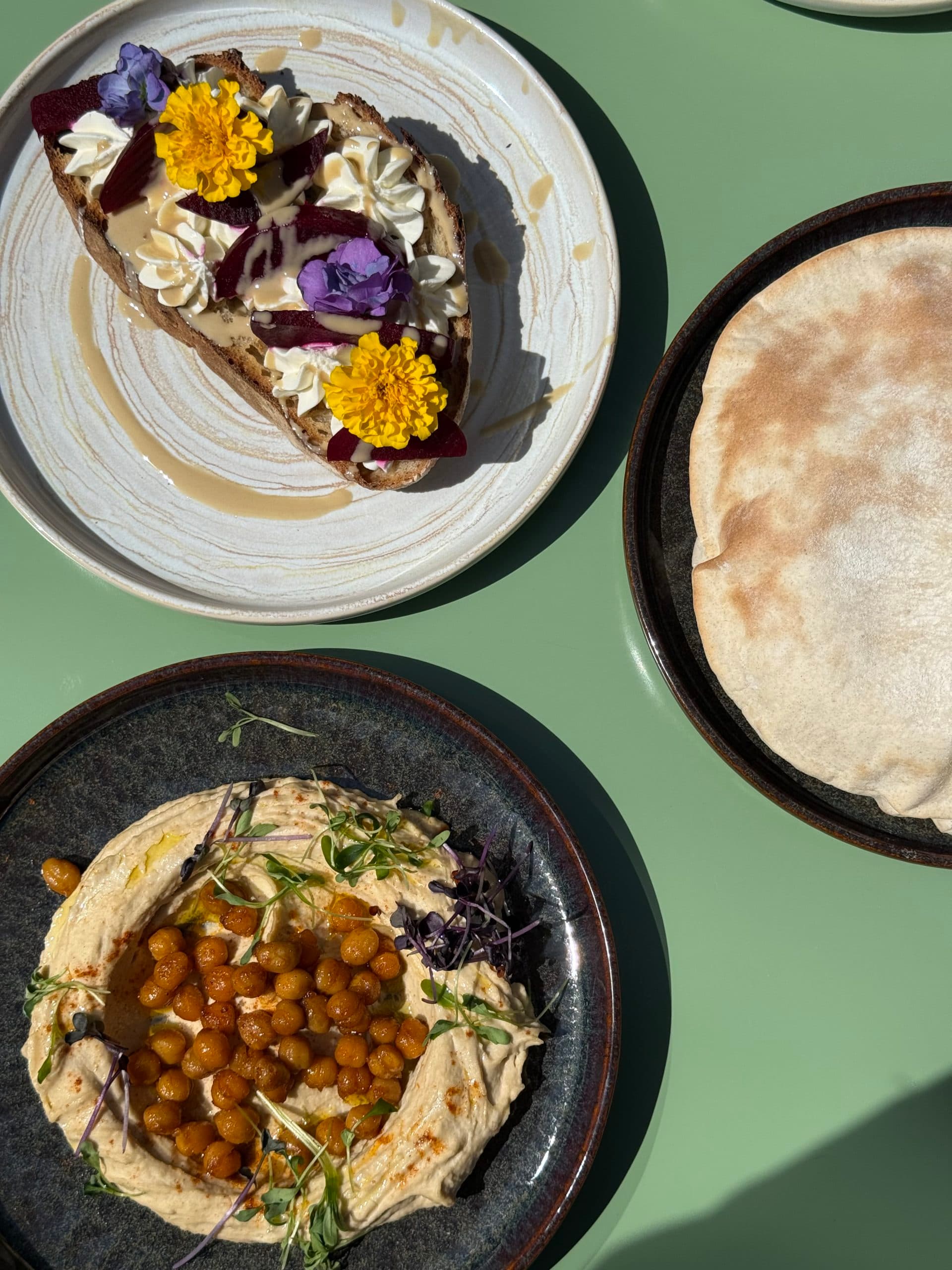 Zwei Teller mit mediterranen Gerichten, von oben aufgenommen: auf dem einen Hummus mit gerösteten Kichererbsen in der Mitte, auf dem anderen ein Belag aus Frischkäse mit violetten und gelben Blumen als Dekoration.