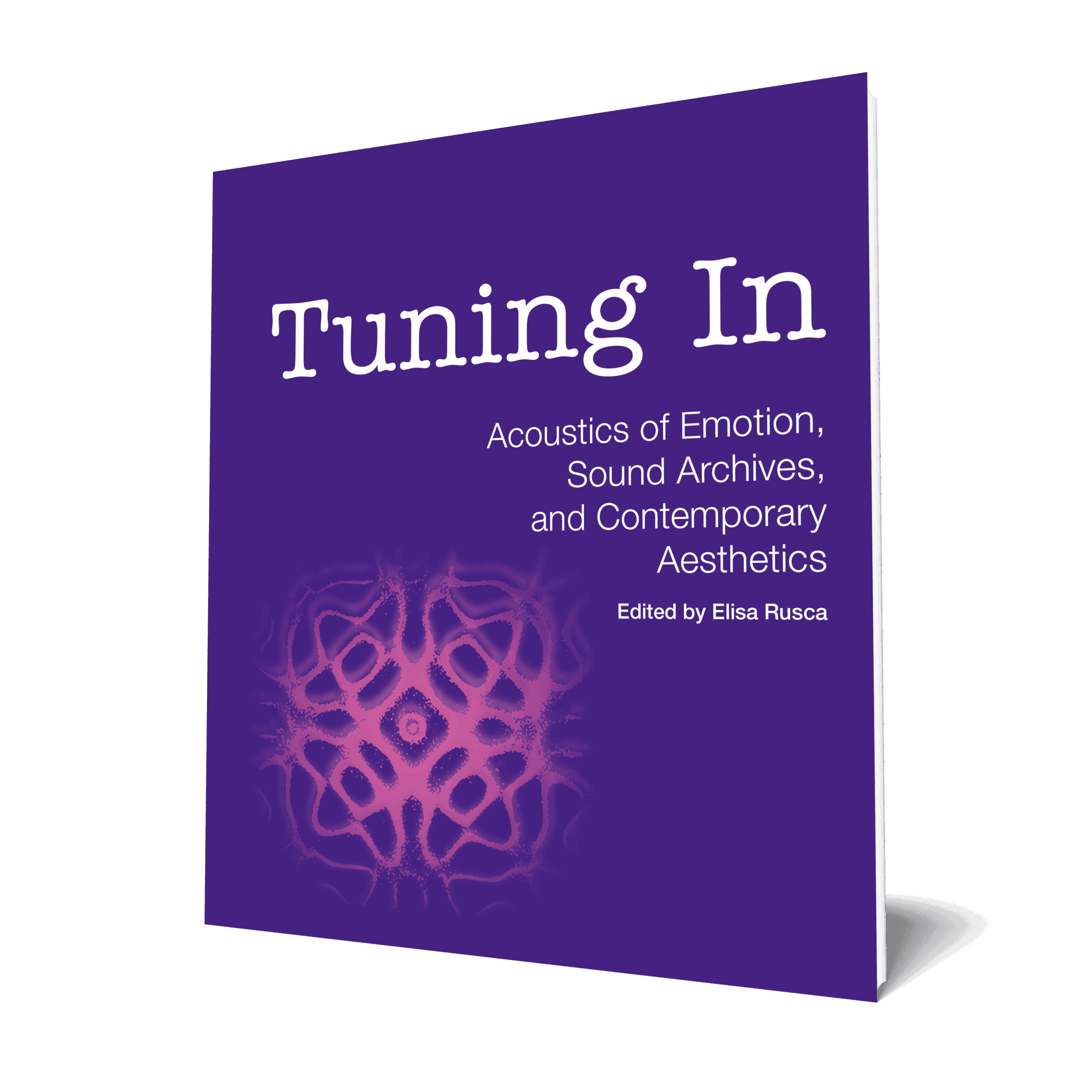 Couverture de livre violette avec un motif géométrique rose.