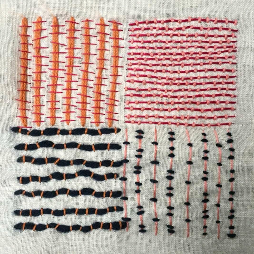 A square divided into four sections showing different types of embroidery or sewing stitches made with coloured threads on white fabric.