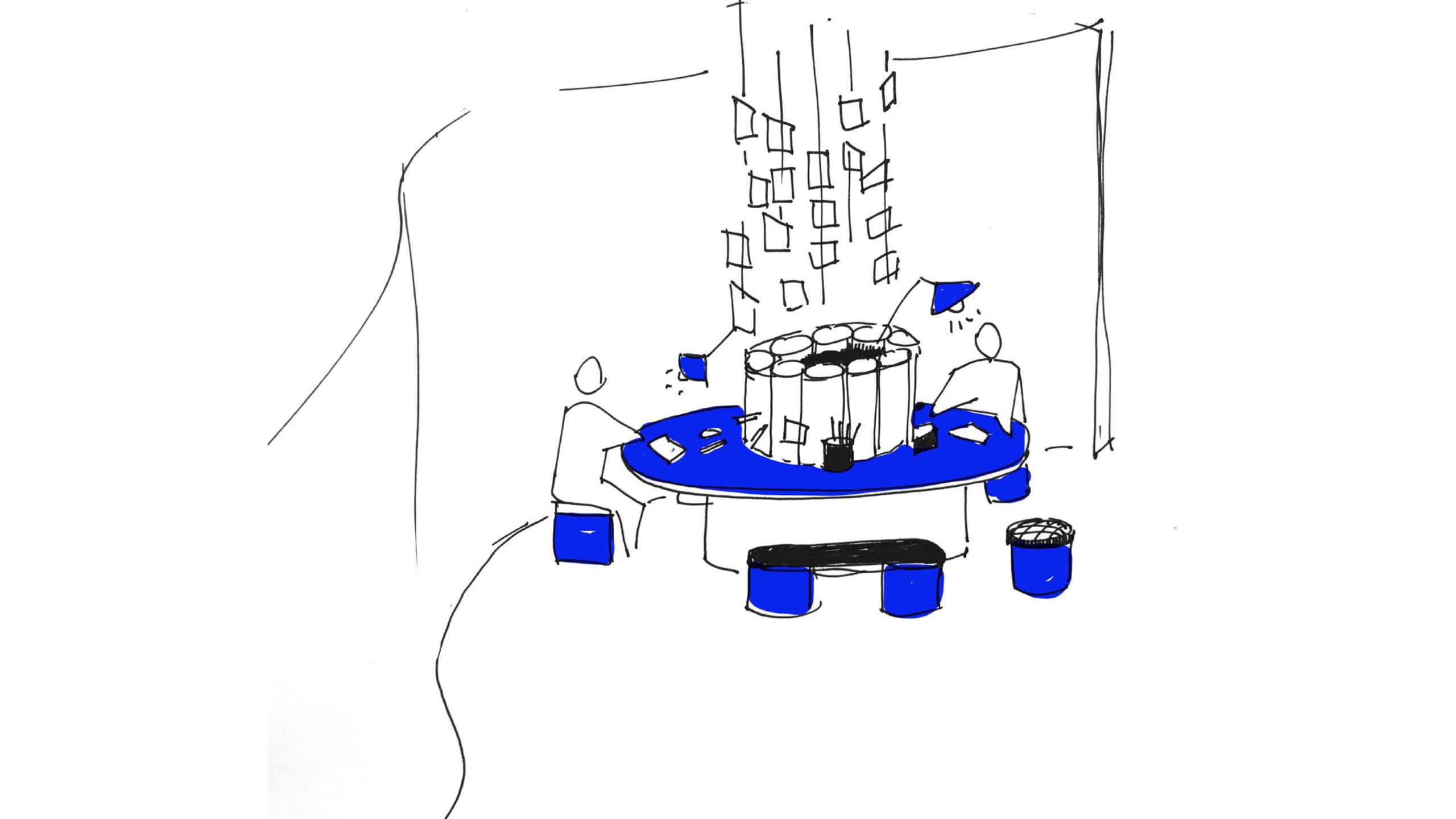 Sketch of two figures sitting on blue stools around a round, blue table. Postcards hang from the ceiling on strings, in the centre of the table.