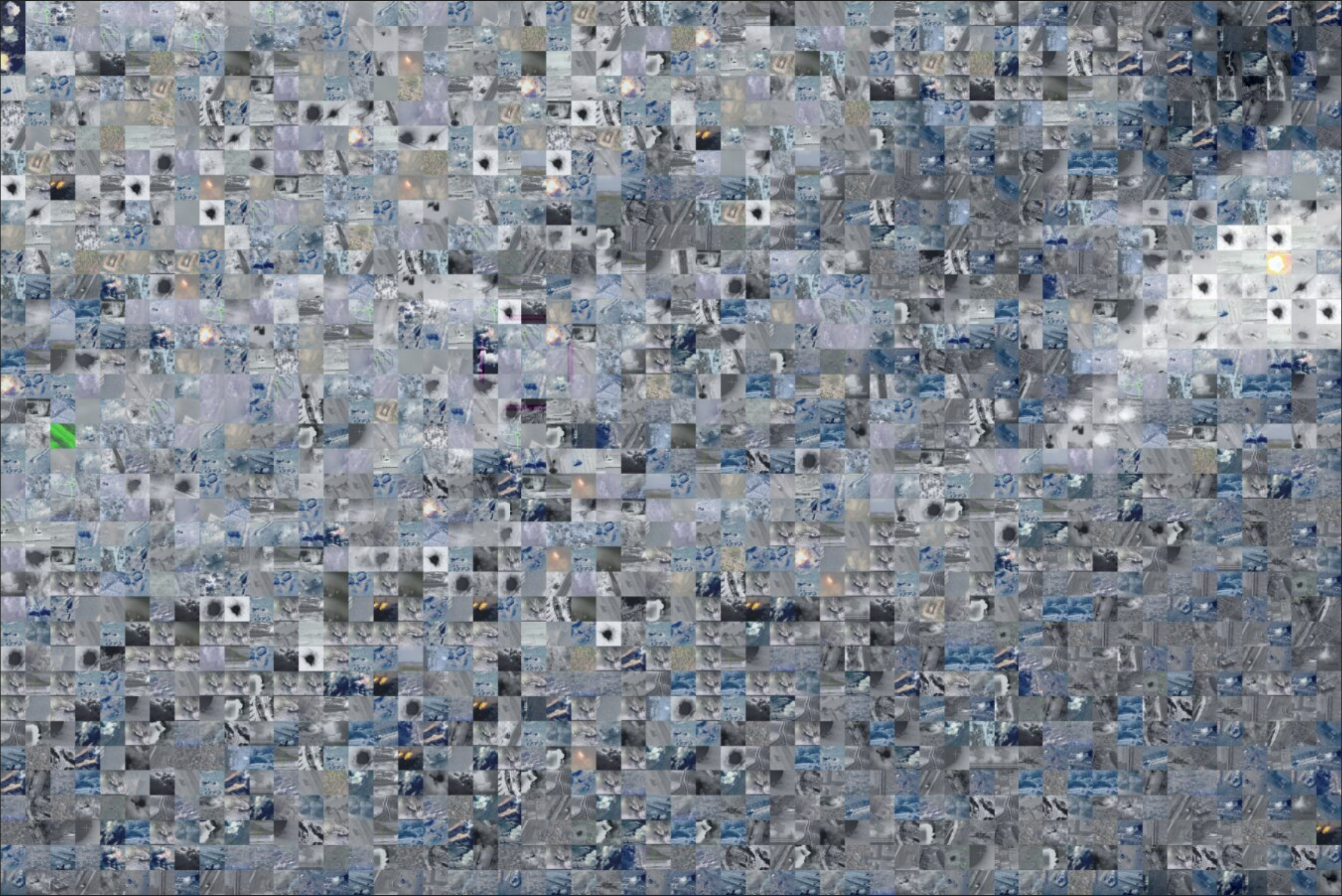 Mosaic composed of screenshots taken from videos of actual strikes, sourced from social media and used to compose the war dataset.